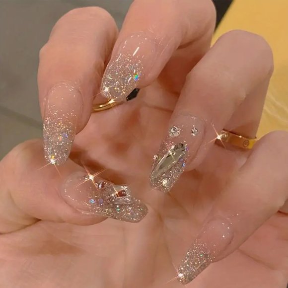 NWT PressOn Nails, Medium Square Glitter French False Nails With Artificial Gems - Picture 1 of 5